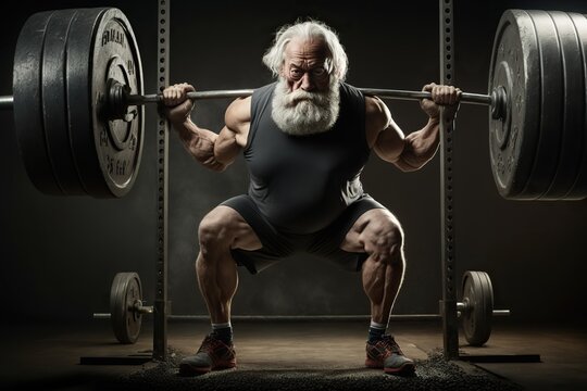 An older man, grandfather with a beard, does very heavy weight lifting. Ai generated.