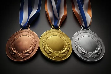 Fotobehang render of three gold silver and bronze medals for athletes. Ai generated. © Joaquin Corbalan