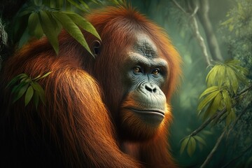 Illustration of an orangutan in the jungle, in freedom. . Ai generated.