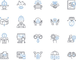 Automated manufacturing line icons collection. Integration, Efficiency, Innovation, Production, Precision, Robotics, Assembly vector and linear illustration. Optimization,Quality,Flexibility outline