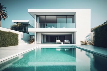 Plakat Design house - modern villa with open plan living and private bedroom wing. Large terrace with privacy and, swimming pool. Generative AI.
