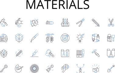 Materials line icons collection. Comestibles, Ingredients, Elements, Compnts, Resources, Substances, Stuff vector and linear illustration. Matter,Goods,Supplies outline signs set