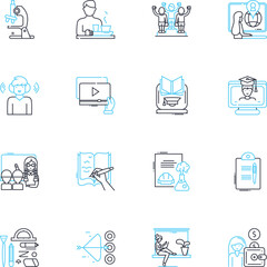 Internet Lecture linear icons set. Connectivity, Streaming, Webinars, E-learning, Nerk, Digital, Virtual line vector and concept signs. Online,Distance,Cyber outline illustrations