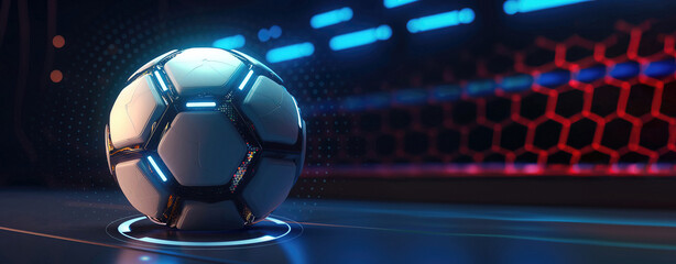 mechanical futuristic soccer ball or football in glossy material with neon glowing stadium details background as banner with copyspace area - Generative AI
