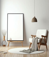 room wall poster mockup. Interior mockup with house background. Modern interior design. 3D Render