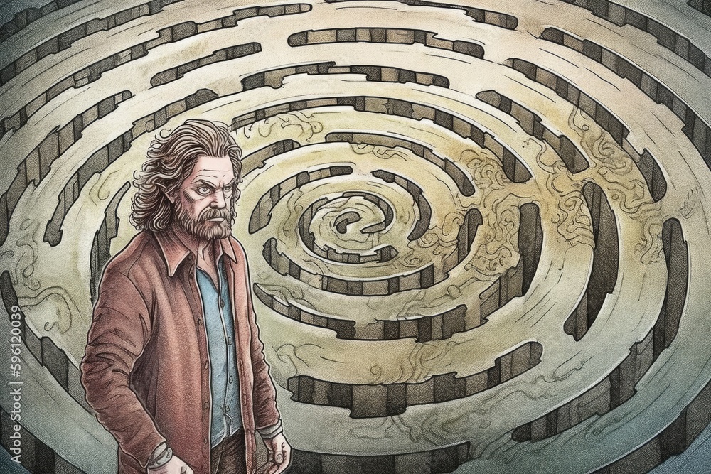 Poster man facing a complex and intricate maze. generative ai