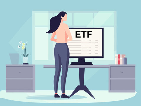 Woman in office with ETF on display 