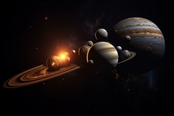 Fototapeta na wymiar A solar system with 6 planets, one in flames. Generative AI