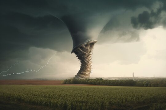 A stunning artwork depicting a mighty tornado hovering above a field. Generative AI