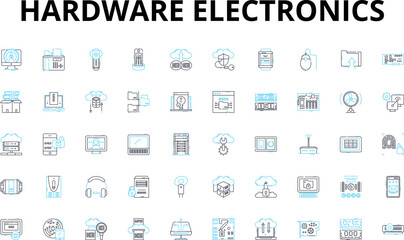 hardware electronics linear icons set. Circuitry, Microcontroller, Capacitor, Transistor, Diode, Resistors, Semiconductor vector symbols and line concept signs. Voltage,Amplifier,Battery illustration