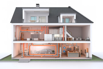 Cross-section of a house with a heat pump, pipes from the ground floor to the upper floor with underfloor heating, icons. Generative AI