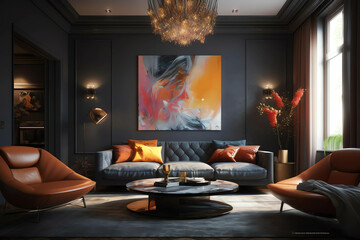 Living room wall poster mockup. Interior mockup with house background. Modern interior design. 3D render
