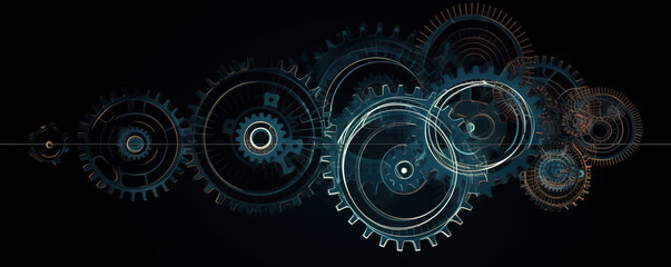 Abstract 3D gears on dark background. Concept of gear mechanics and cog mechanics. Digital polygonal mesh with points, lines and shapes. mechanical engineering wireframe. Generative AI - obrazy, fototapety, plakaty