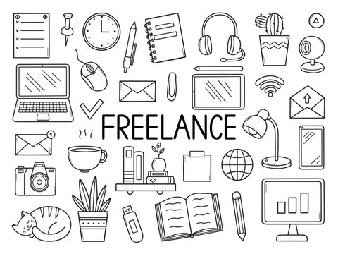 Freelance doodle set. Home office in sketch style. Work from home concept. Hand drawn vector illustration isolated on white background.