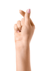 Obraz premium Woman making heart with her fingers on white background