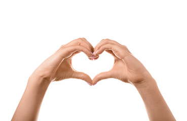 Obraz premium Woman making heart with her hands on white background