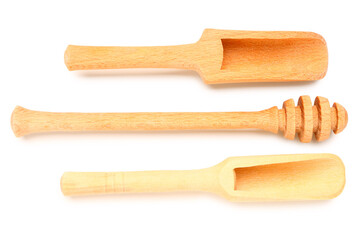 Set of wooden kitchen utensils isolated on white background