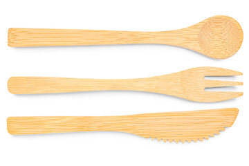 Wooden cutlery isolated on white background