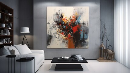 Living room with big art wall and sofa. AI generated