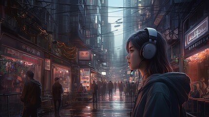 Fototapeta na wymiar girl wearing headphones, digital art illustration, Generative AI