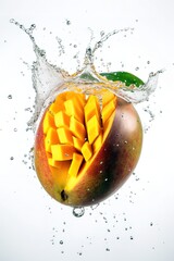Naklejka na ściany i meble Fresh mango in motion suspended with splash of water over white background. Generative AI vertical shot