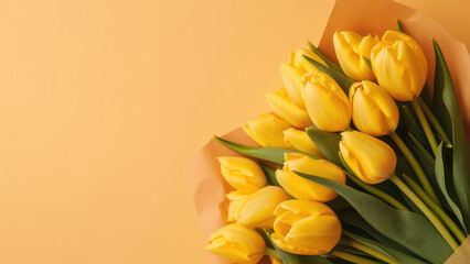 Bouquet of tulips on yellow background, Mother's Day, Spring, Card, Writing room, Generative AI, Generative, AI