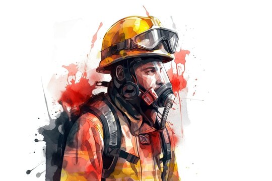 Firefighter man watercolor digital illustration. White background. Generative AI