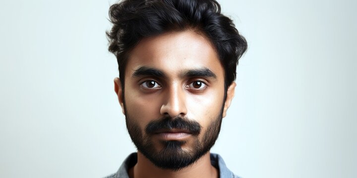Head shot portrait of young Indian man looking seriously at camera. Studio shot. Real people concept. Generative AI