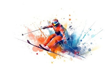 Fototapeta premium Watercolor digital art of man skiing over white background. Generative AI