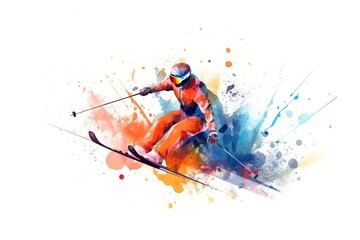 Watercolor digital art of man skiing over white background. Generative AI