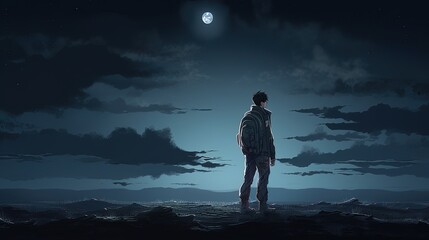 lonely young man in dark, digital art illustration, Generative AI