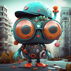 3D Render Monster mushrooms cyberpunk style with background city wallpaper