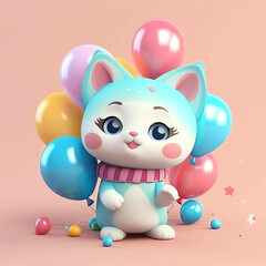 happy birthday cat 3D Illustration, adorable and cute background and wallpaper design, AI Generated