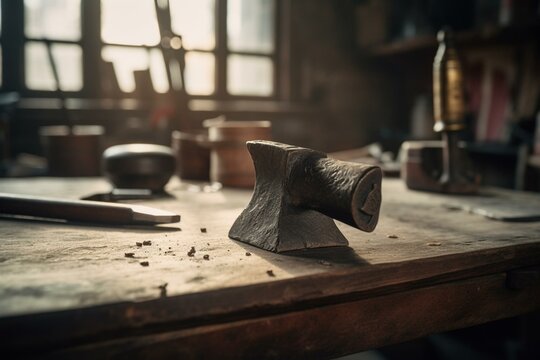 Vintage anvil and hammer on desk inside workshop. Generative AI