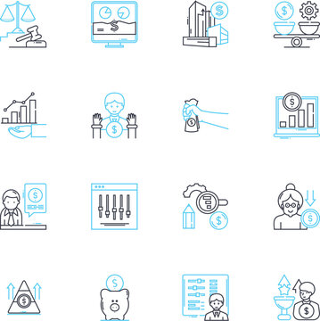 Equity fund linear icons set. Investment, Portfolio, Returns, Stocks, Capital, Assets, Strategy line vector and concept signs. Growth,Fund,Diversification outline illustrations