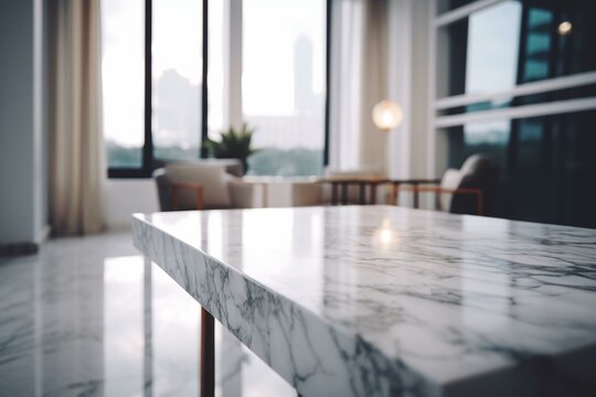 Blank white marble table with blurred office background. Ideal for showcasing products. Generative AI