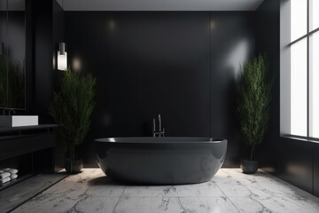 Luxury bathroom with window. Modern big black bathtub and marble tiles. AI