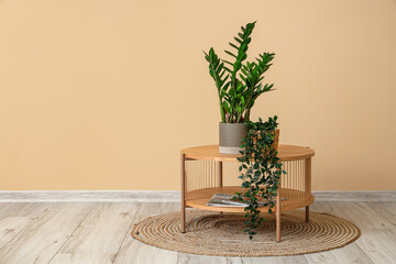 Coffee table with houseplants and magazines near beige wall