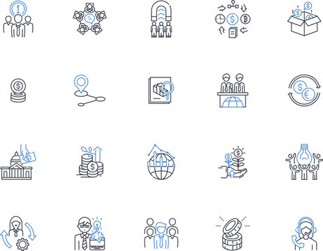 Liberalization line icons collection. Deregulation, Free-market, Privatization, Competition, Restructuring, Reform, Openness vector and linear illustration. Globalization,Marketization,Democratization