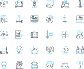 Entertainment hub linear icons set. Amusement, Fun, Joy, Excitement, Thrill, Pleasure, Enjoyment line vector and concept signs. Festivity,Bliss,Happiness outline illustrations