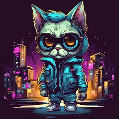 Neo Tokyo Style: Cyberpunk Cat Character in 3D Design with Trendy Earphones, Sweaters, and Cyber City Background generative ai