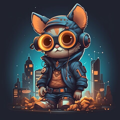 Retro-Futuristic Chic 3D cat Character Design with Trendy Earphones, Sweaters, and a City Background generative ai
