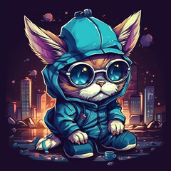 Retro-Futuristic Chic 3D cat Character Design with Trendy Earphones, Sweaters, and a City Background generative ai