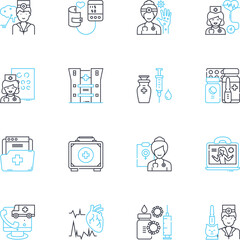 Infirmary linear icons set. illness, injury, care, nursing, medicine, ward, emergency line vector and concept signs. clinic,doctor,patient outline illustrations