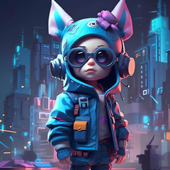 High-Tech Streetwear: Cyberpunk Character 3D Design with Trendy Earphones, Sweaters, and Cyber City Background generative ai