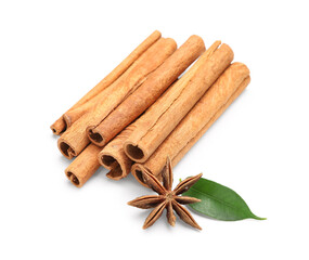 Cinnamon sticks with anise and leaf on white background
