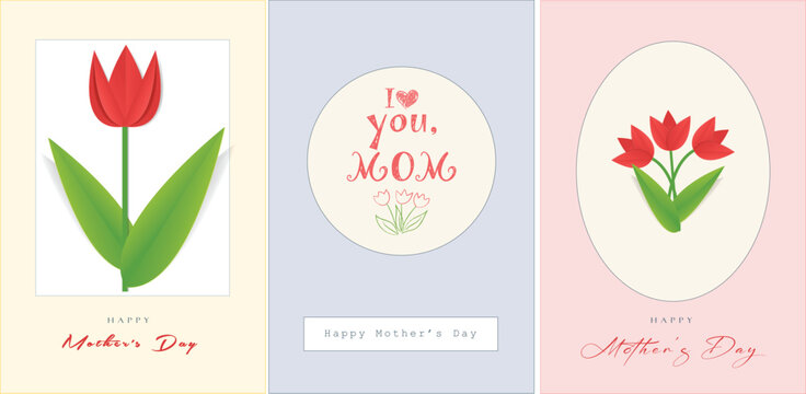 Happy Mother's day greeting cards in childish applique style with paper flowers and drawn style text in retro vintage colors