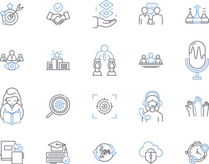 Group studying line icons collection. ollaboration, Education, Communication, Connection, Brainstorming, Focus, Support vector and linear illustration. Teamwork, Learning, Motivation outline signs set