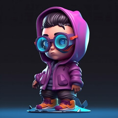 Stylishly Futuristic: Cyberpunk Character in 3D Design with Trendy Earphones, Sweaters, and Cyber City Backdrop generative ai
