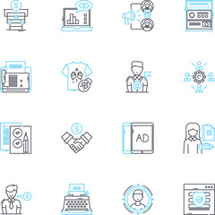 Communication agency linear icons set. Messaging, Branding, Connect, Creative, Collaborative, Strategy, Innovation line vector and concept signs. Storytelling,Engagement,Relationships outline